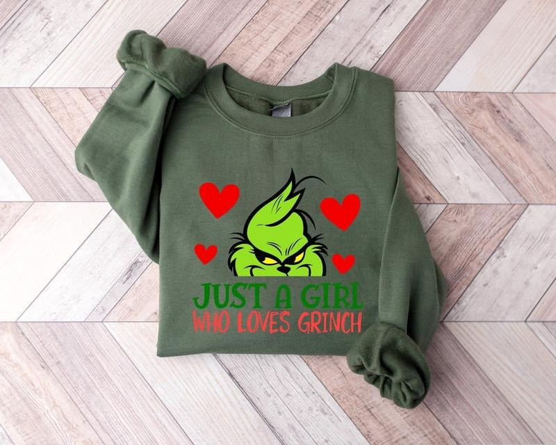 Just A Girl Who Loves Grinch Sweatshirt, Grinchmas Shirt, Christmas Grinch Sweatshirt Cotton Womenswear Cotton Womenswear