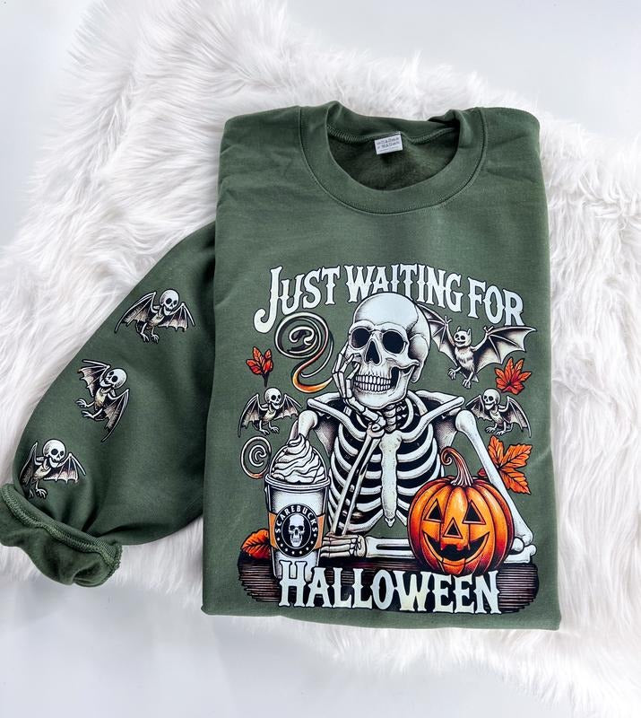 Just Waiting for Halloween Skeleton Graphic Sweatshirt Unisex Womenswear Crewneck Casual Tshirt Top with Sleeve Print