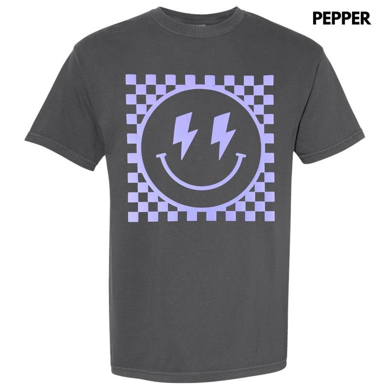 Lavender Checkered Happy Face Puff Comfort Colors T-Shirt