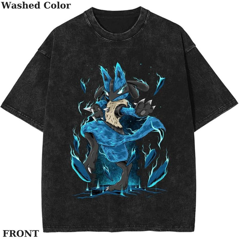 Lucario Pokemon Illustration Graphic T-Shirt, Pokemon T-Shirt, PKM Shirt, Anime Funny Shirt, Vintage Tee Streetwear Shortsleeve Printed Womenswear Top