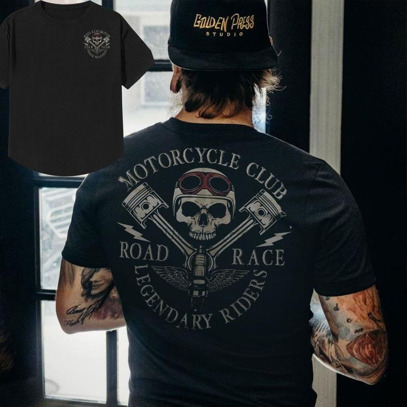 MOTORCYCLE CLUB ROAD RACE Skull Black 2 Side Print T-shirt - Sweatshirt - Hoodie, Naughty Clothes Men Cotton, Motorcycle Shirt, Streetwear Menswear