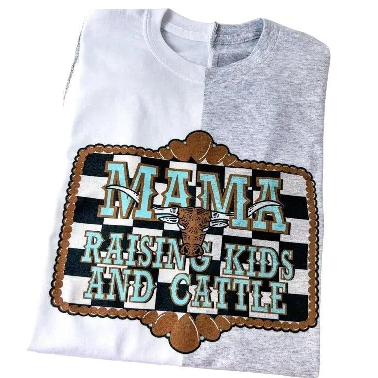 Mama Raising Kids and Cattle Checker Western Colorblock Comfy Unisex T-Shirt Oversized Womenswear Top