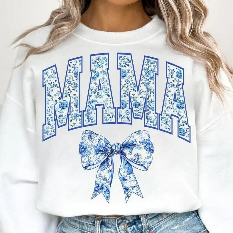 Mama Retro Chinoiserie Coquette Bow Sweater, Mama Coquette Bow Varsity Shirt