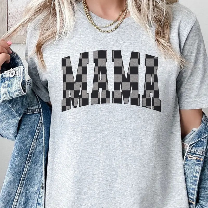 Mama Tshirt Checkerboard Mama Tee Black and Gray Checkerboard Mama Vibe T-Shirt Mom Vibe Top Womens Mama Graphic Tee Adult Checkerboard Tshirt Retro Checkerboard Mama Sublimation Top Casual Comfort