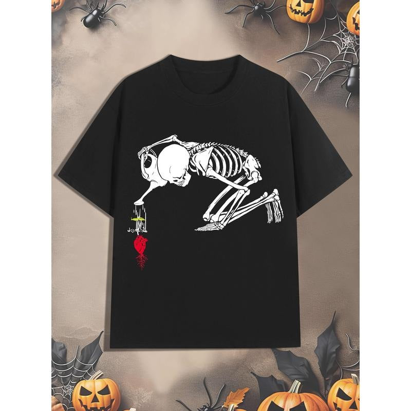 Men's Halloween Cotton T-Shirt, Casual Round Neck Short Sleeve Tee with Skull Watering Organ Print, Breathable and Wear-Resistant, Regular Fit for Adults made in usa