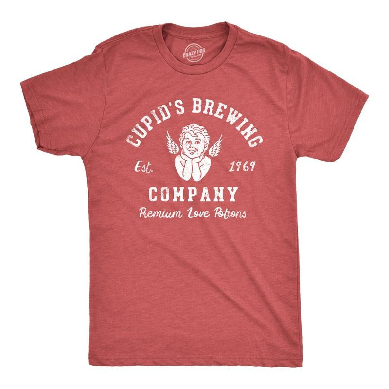 Mens Cupids Brewing Company T Shirt Funny Valentines Day Love Potions Tee For Guys Mens Funny T Shirts Cool Tees Soft Stylish Casual Menswear Love Apparel for Men Novelty Tees for Guys Red -