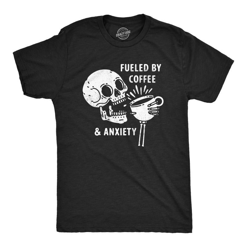 Mens Fueled By Coffee And Anxiety T Shirt Funny Caffeine Panic Joke Tee For Guys Mens Funny T Shirts Cool Tees Soft Stylish Casual Menswear Sarcastic Apparel for Men Funny Coffee Short Sleeve Novelty Black -