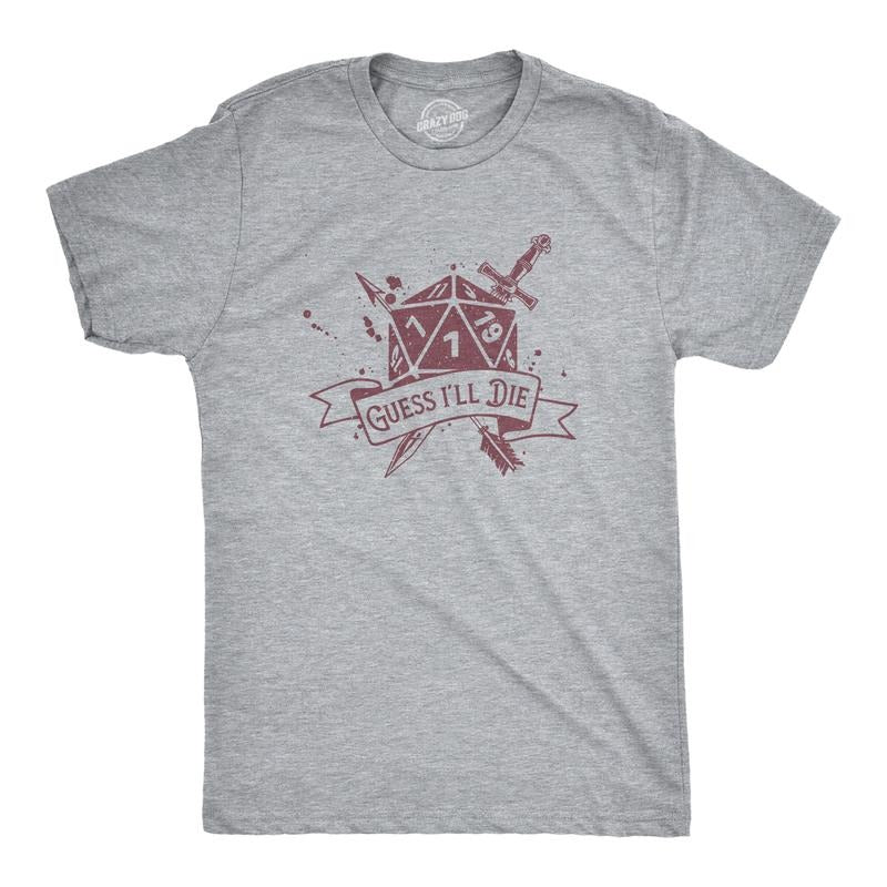 Mens Guess Ill Die T Shirt Funny Dungeon Gaming Dice Natural One D20 Joke Tee For Guys Mens Funny T Shirts Cool Tees Soft Stylish Casual Menswear Funny Sarcastic Short Sleeve Novelty Tees for Guys Light Grey