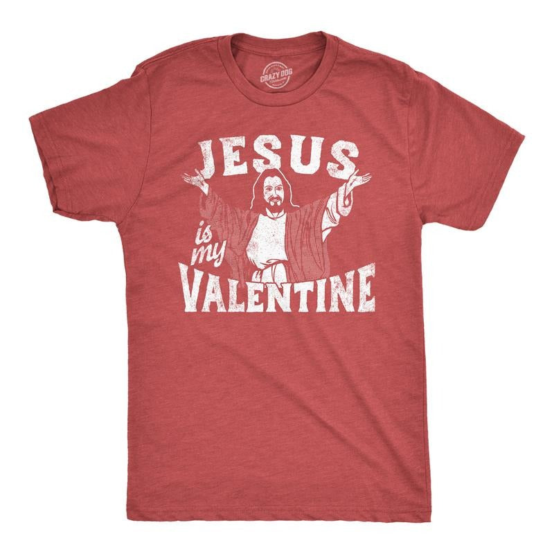 Mens Jesus Is My Valentine T Shirt Funny Valentines Day Religious Christian Joke Tee for Guys Mens Funny T Shirts Cool Tees Soft Stylish Casual Menswear Love Apparel for Men Funny Religious Short Red -