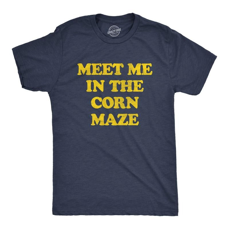 Mens Meet Me In The Corn Maze T Shirt Funny Halloween Fall Season Lovers Tee For Guys Mens Funny T Shirts Cool Tees Soft Stylish Casual Menswear Halloween Apparel for Men Novelty Tees for Guys Navy -