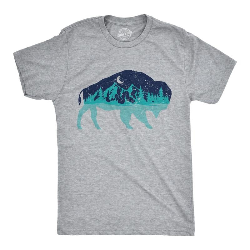 Mens Nature Bison T Shirt Funny Cool Outdoor Lovers Buffalo Tee for Guys Mens Funny T Shirts Cool Tees Soft Stylish Casual Menswear Light Grey