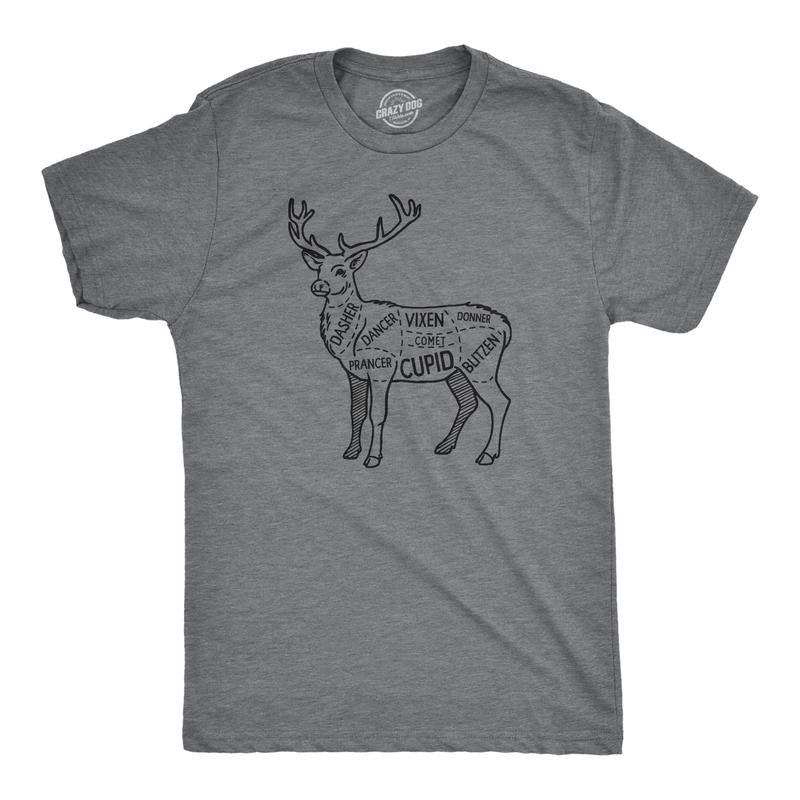 Mens Reindeer Meat Cuts T Shirt Funny Xmas Deer Hunter Butcher Joke Tee For Guys Mens Funny T Shirts Cool Tees Soft Stylish Casual Menswear Christmas Apparel for Men Funny Sarcastic Short Sleeve Dark Grey