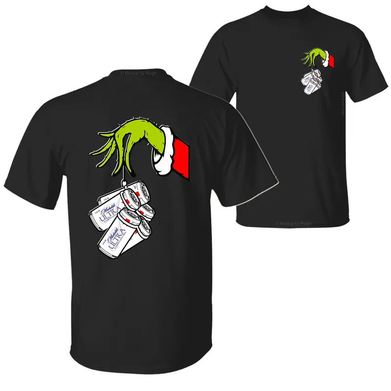 Michelob Ultra The Grin Hand T-Shirt, Christmas Green Guy Holding Michelob Ultra Beer Cans 2 Sided Graphic Printed Unisex Classic Cotton T-Shirts