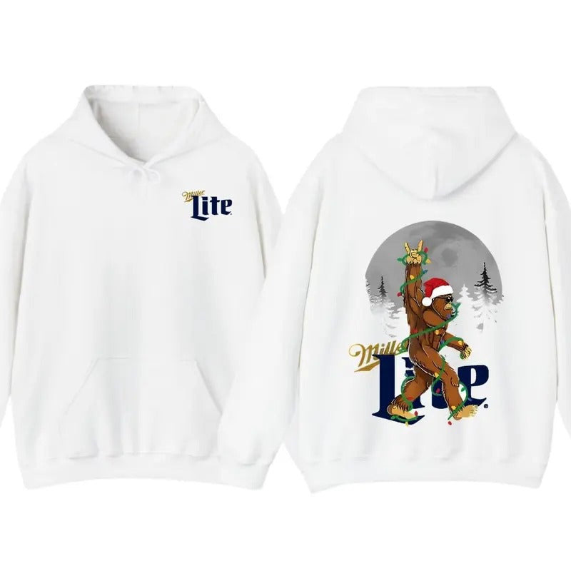 Miller Lite Bigfoot Christmas Hoodie T-Shirt, Fun Holiday Design With Santa Hat and Christmas Lights, For Men And Women, Unisex Hoodie