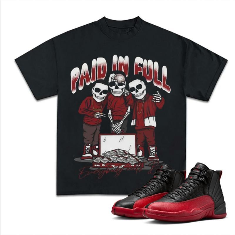 Paid In Full Match 12 Flu Game Sneakers, Unisex Y2K Graphic Tee, Cotton T-shirt, Fitted Crewneck for Streetwear Lovers