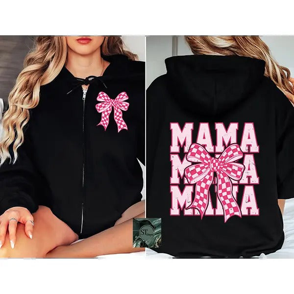 Pink Checkered Mama Bow Zip Hoodie Black or Sport Grey