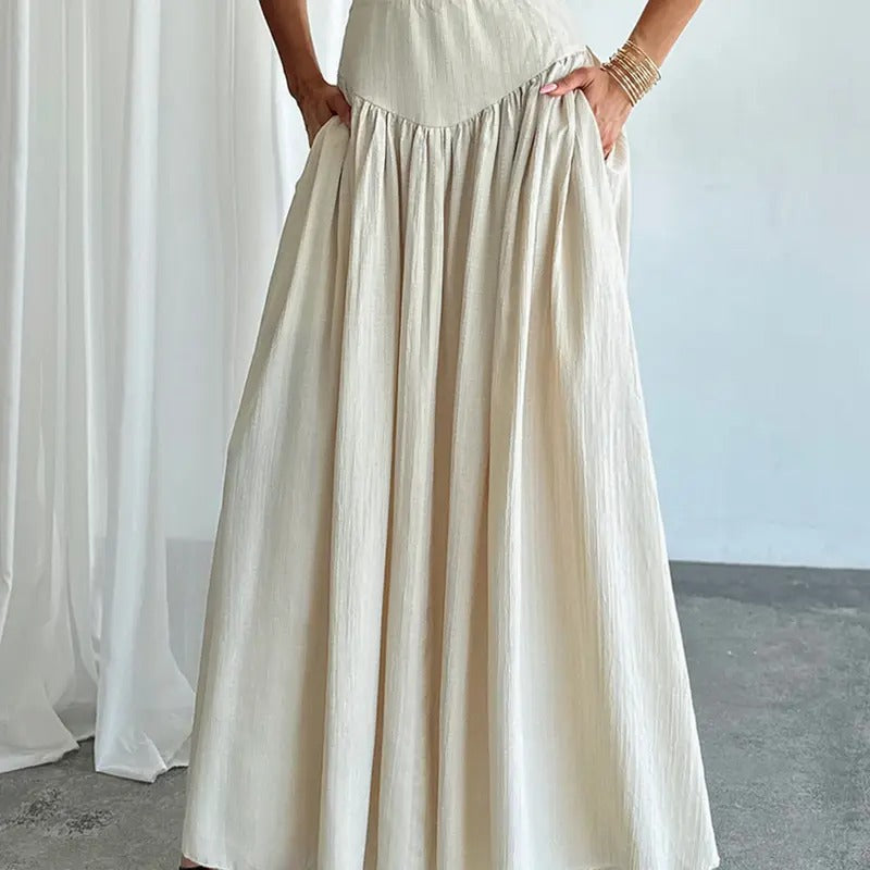 Pleated Flowy Long Skirts High Waist Maxi Skirt with Pocket