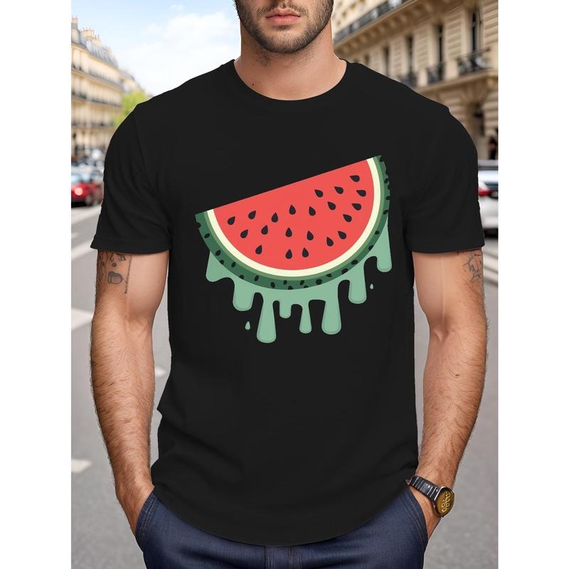 Plus Size Men's T-Shirt Summer Tee, Watermelon Graphic Print, Short Sleeve, Trendy Casual Tops For Daily Life, Soft Polyester Material, Micro Elastic, Machine Washable made in usa