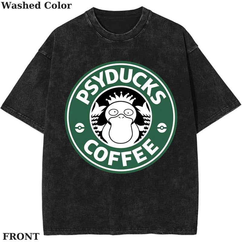 Pokemon Psyducks Coffee Graphic T-Shirt, Pokemon T-Shirt, PKM Shirt, Anime Funny Shirt, Vintage Tee Streetwear Shortsleeve Printed Womenswear Top