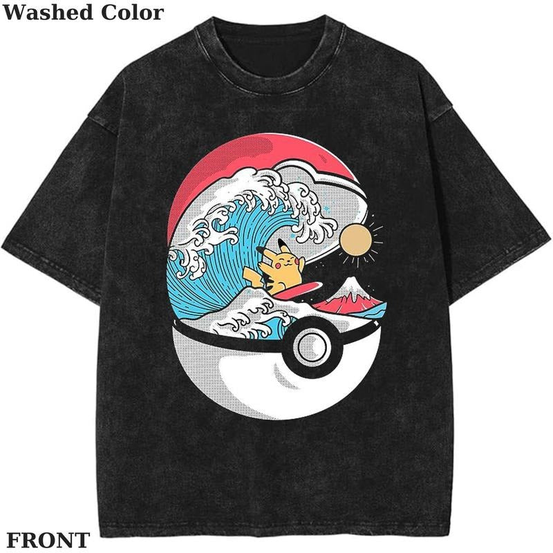 Pokemon Wave T-Shirt - Cute Pikachu Graphic Tee, Pokemon T-Shirt, PKM Shirt, Anime Funny Shirt, Vintage Tee Streetwear Shortsleeve Printed Womenswear