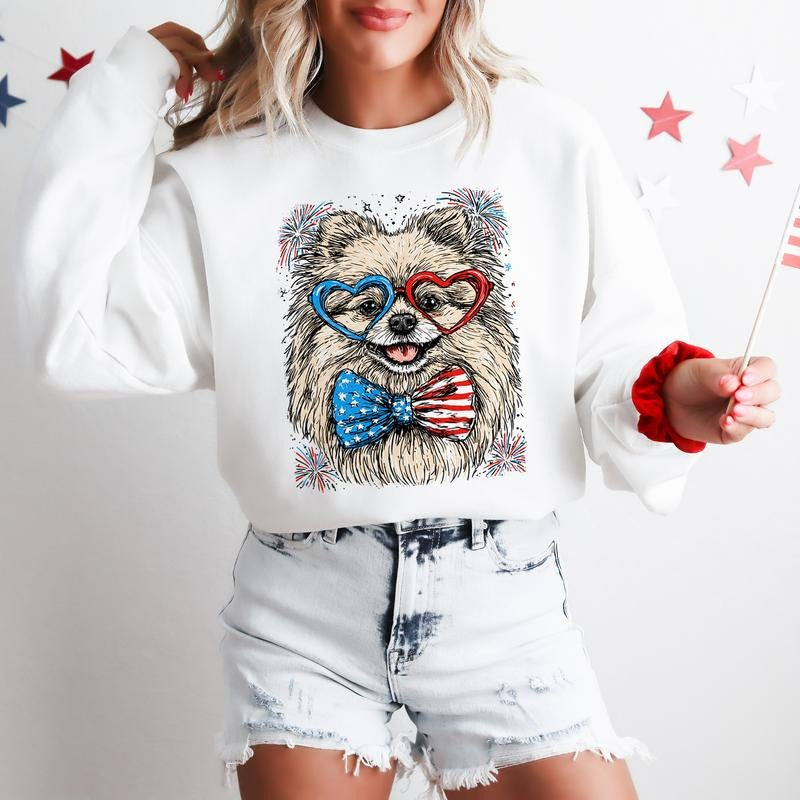 Pomeranian Patriotic Dog, USA, America, Pet Lover, 4th of July Sweatshirt, Crew Neck, Women's, Crewneck