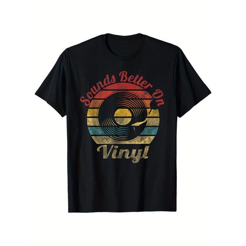 Record Player Print Men's Cotton T-shirt, Graphic Tee Men's Outdoor Clothes, Men's Back To School Clothing, Casual Short Sleeve Crew Neck T-shirt, Tops For Men, Gift For Men made in usastyle{n002}3