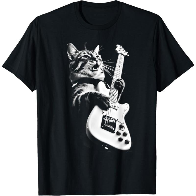 Rock Cat Playing Guitar - Funny Guitar Cat T-Shirt made in usa
