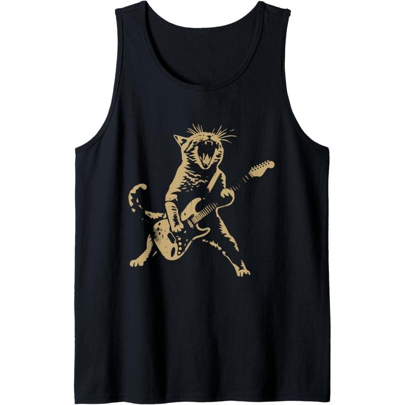 Rock and Roll Guitar Cat Funny Rockstar Cat Playing Guitar Tank Top made in usa