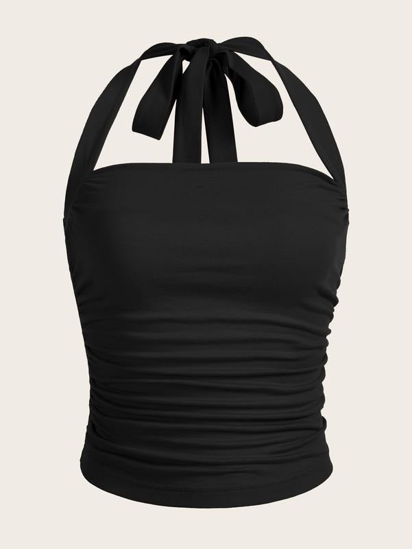 Ruched Halter Y2K Crop Tops Tie Back Sleeveless Slim Fit Cami Tops