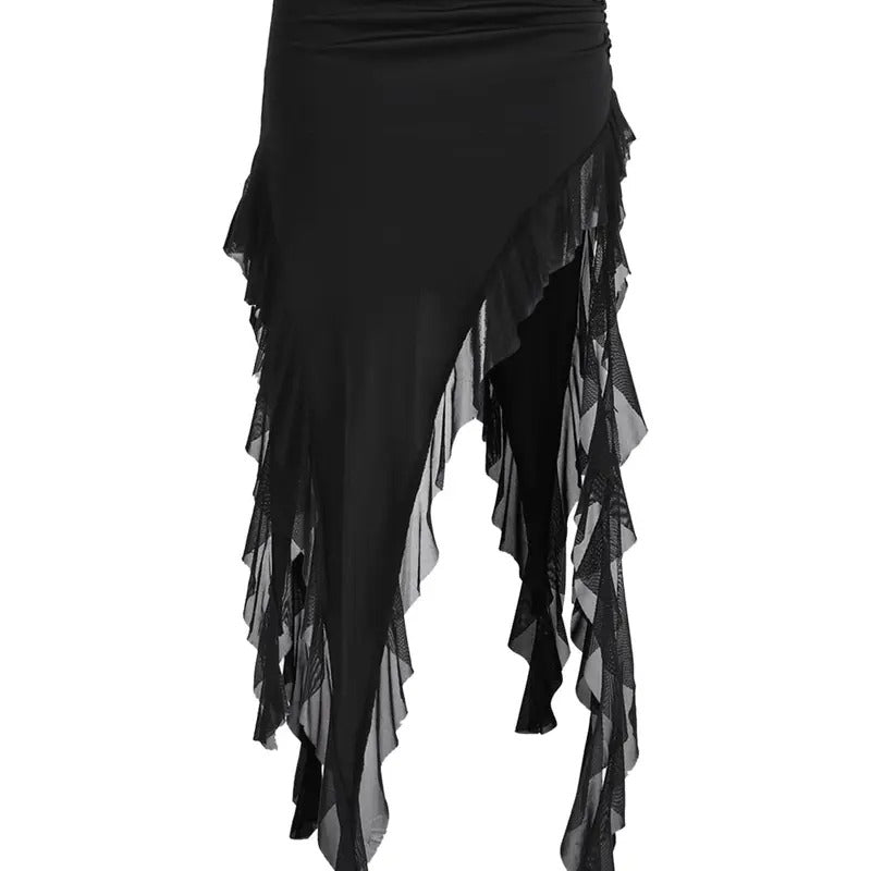 Ruffle Trim Asymmetrical Low Waisted Long Skirts Summer Party Going Out Skirt