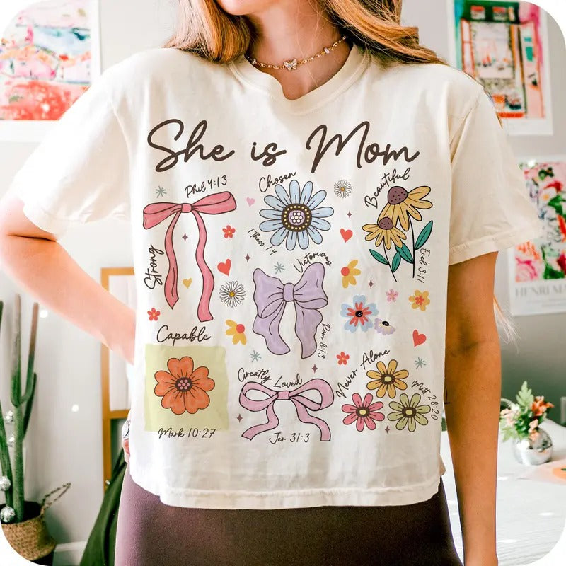 She Is Mom Shirt, Christian Mama Tee, Boho Floral Mom Sweatshirt, Wildflower Mother's Day Gift, Bible Verse Inspirational Shirt
