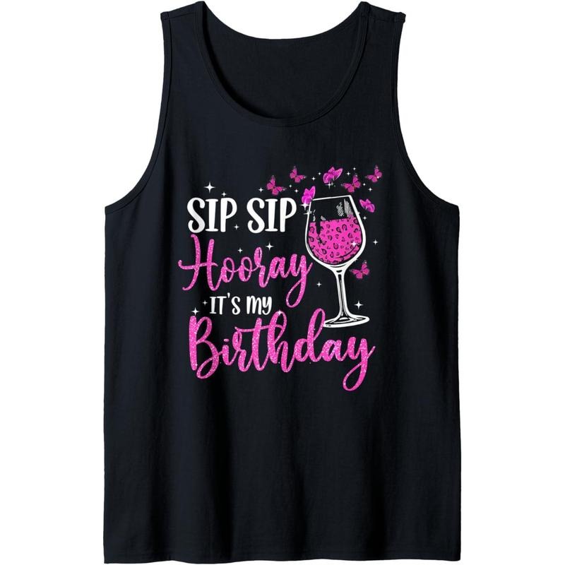 Sip Sip Hooray It's My Birthday Pink Leopard Wine Glass Tank Top Made in USA