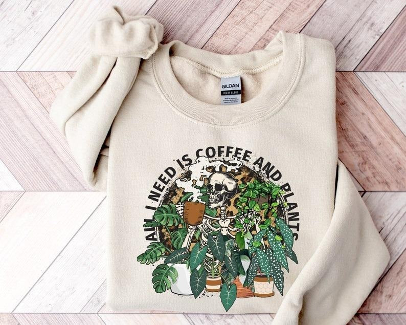 Skeleton Plant Lover Sweatshirt, All I Need Is Coffee And Plants Sweatshirt, Halloween Leopard Plant Lady Shirt, Gift For Plant, Plant Mom