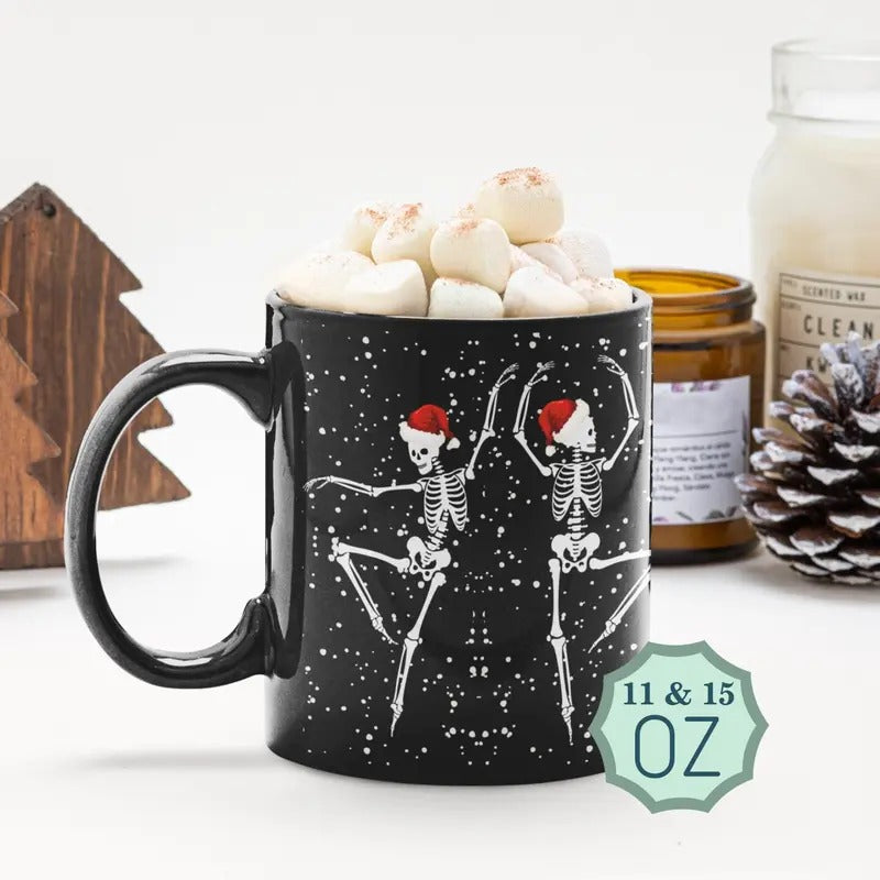 Skeleton Vibes Coffee Mug, Quirky Dancing Skeleton Holiday Cup, Perfect for Hot Cocoa, Unique Gift for Goth Lovers this Christmas, Perfect Gift for Birthdays, Holidays, Gift for Family
