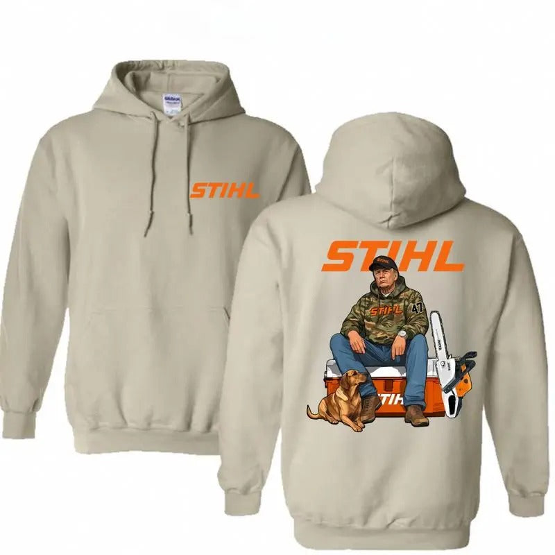 Stihl Trump Camo Workwear Hoodie, Trump with Chainsaw Graphic Hoodie, Stihl Fan For Mens, Trump Stihl cotton Hoodie