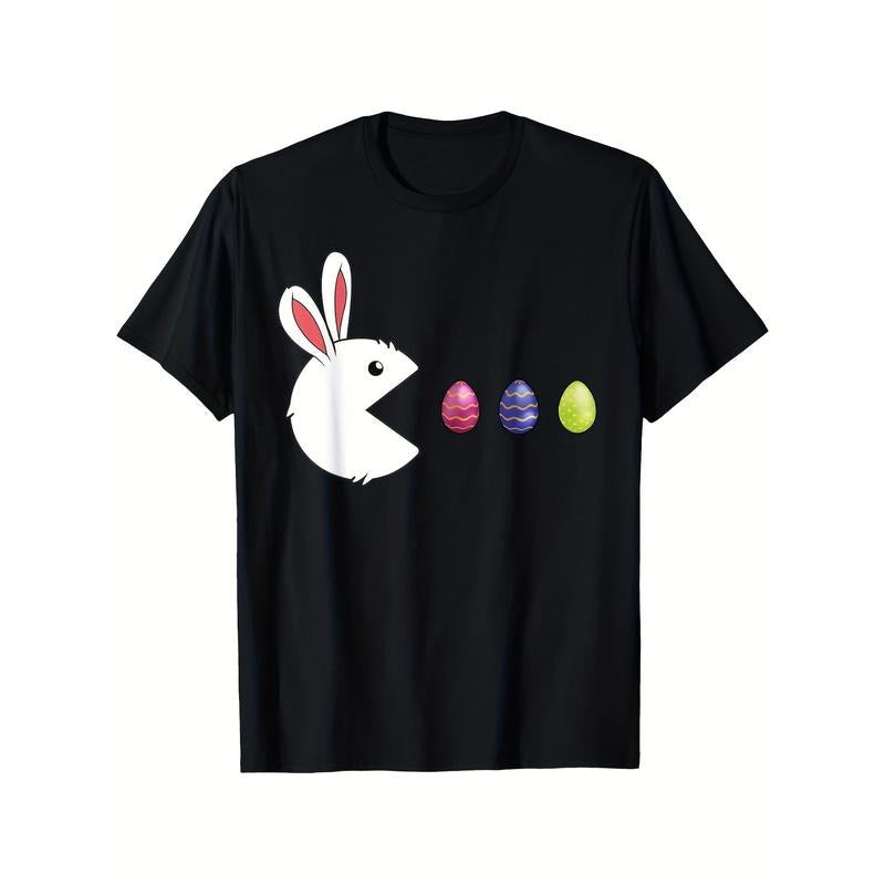 Easter Bunny And Egg Print T-Shirt - Fun Video Game Style Short Sleeve, Men'S Casual Black T-Shirt Spring/Summer Men'S Fun T-Shirt made in usa
