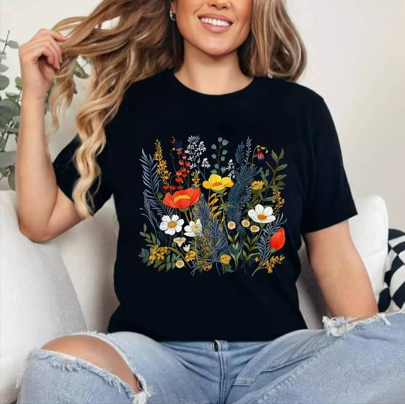 Summery colorful wild Flower for Flowers and Herbs Lovers T-Shirt , Cotton, Crewneck, Top Womenswear