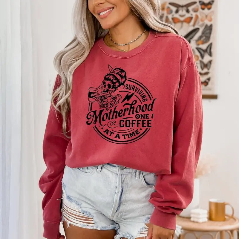 Surviving Motherhood One Coffee at a Time T-Shirt, Funny Mom Life Tee, Skull Graphic Shirt, Mother's Day shirt