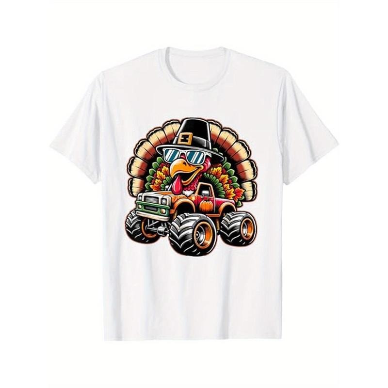 Thanksgiving Turkey Riding Monster Truck T-Shirt, 100% Cotton, Gifts for Men Dad Husband Grandpa, S-XXXL, White made in usa