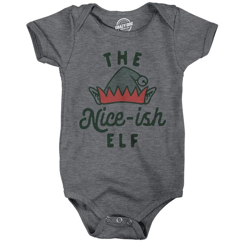 The Nice Ish Elf Baby Bodysuit Funny Good Behavior Xmas Elves Joke Jumper for Infants Funny Baby Onesies Christmas Onesie for Baby Funny Sarcastic Onesie Novelty Onesie Dark Grey