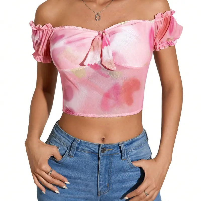 Tie Dye Off Shoulder Short Sleeve Sweetheart Neck Tie Front Crop Top Ruffle Trim Slim Fit Tops