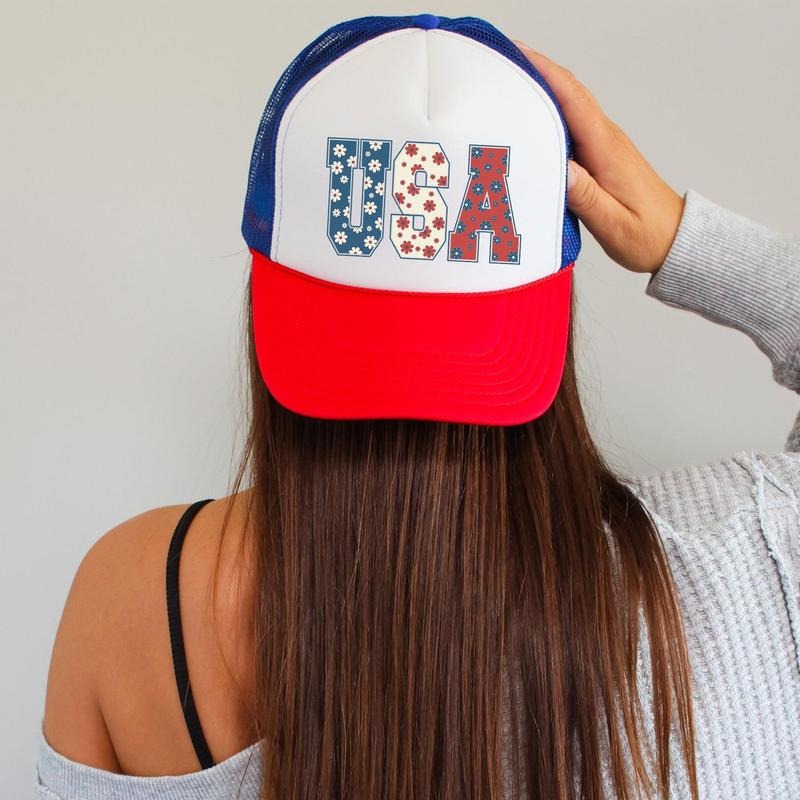 USA, Flowers, Patriotic, Snapback Trucker Hat, America, USA, Independence Day, Patriotic Cap for Women, Sassy Graphic Hats