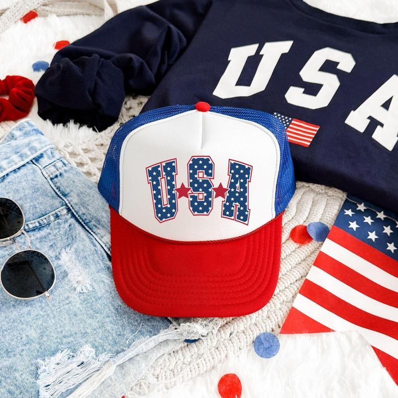 USA, Stars, Bright, Patriotic, Snapback Trucker Hat, America, USA, Independence Day, Patriotic Cap for Women, Sassy Graphic Hats
