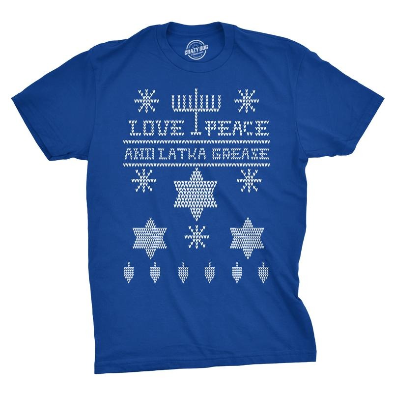 Ugly Hanukkah Sweater T Shirt Funny Ugly Sweater Jewish Holiday Tee Mens Funny T Shirts Cool Tees Soft Stylish Casual Menswear Christmas Apparel for Men Funny Ugly Sweater Short Sleeve Novelty Tees Royal