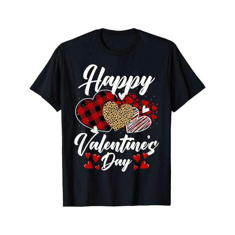Valentine'S Day Leopard Plaid Heart Print T-Shirt, 100% Cotton, Casual Crew Neck, Regular Fit, Short Sleeve, Slight Stretch, Knit Fabric, for Men and Women, All-Season Daily Wear made in usa