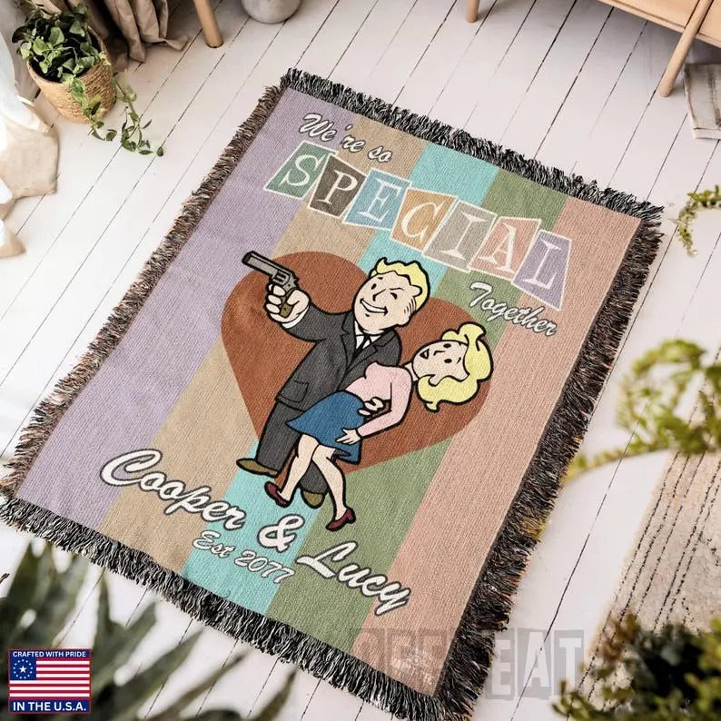 Vault Boy and Girl Handwoven Blanket, Custom Fallout Inspired Couples Gift, Personalized Video Game Tapestry, Unique Post-apocalyptic Throw