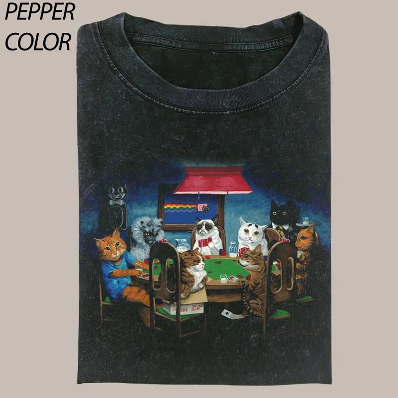 Vintage Cat Art playing poker CrewNeck T-shirt, Lucky Poker Graphic Tee Gift For Boyfriend Menswear Top Streetwear