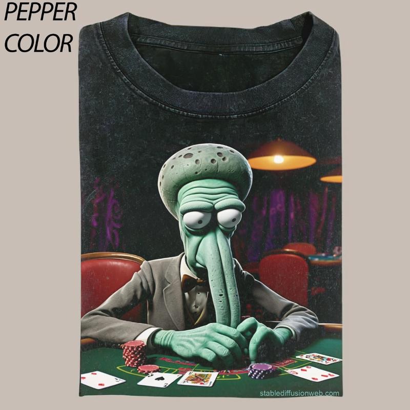 Vintage Squilliam Fancyson playing poker CrewNeck T-shirt, spongebob Movie Shirt, Lucky Poker Graphic Tee Gift For Boyfriend Menswear Top Streetwear