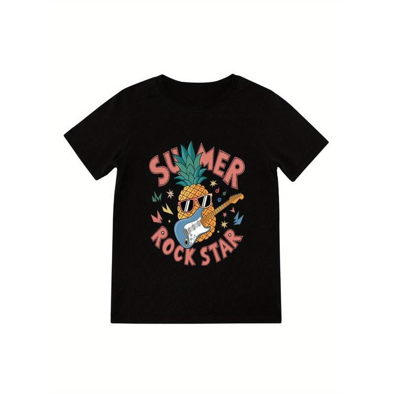 Vintage Style Men'S Cotton T-Shirt, Summer Rock Star Pineapple Graphic, Short Sleeve Crew Neck, Regular Fit, Heat Transfer Print, 180gsm - Unisex Casual Tee for All Seasons made in usa