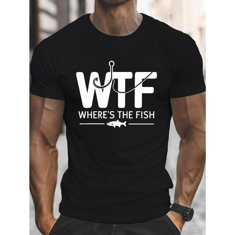 WTF WHERE's THE FISH? Men's Casual Crew Neck T-Shirt - Lightweight, Comfy Polyester Tee for Summer, Geometric Print Made in USA